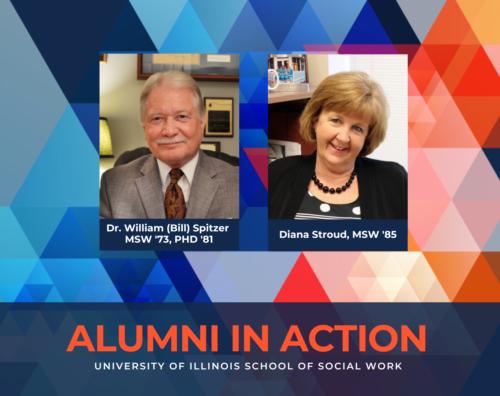 Alumni in Action graphic featuring photos of Dr. Spitzer and Diana Stroud