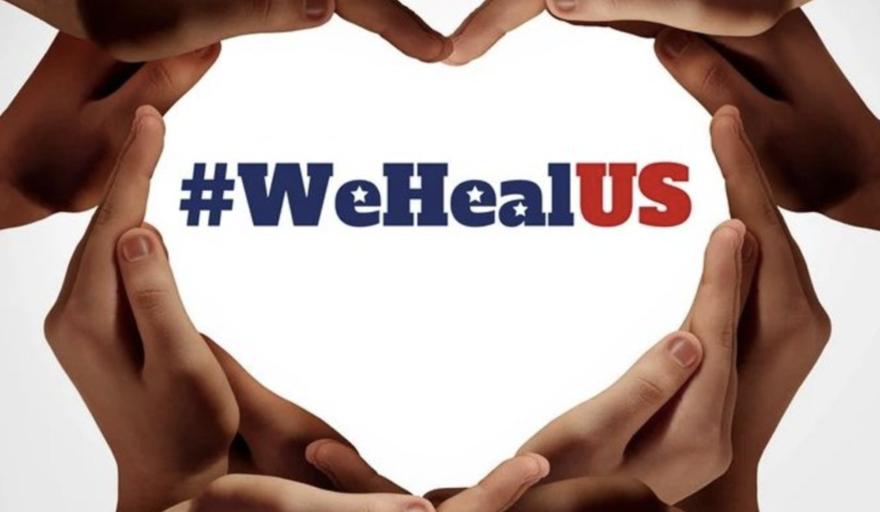 Hands in heart shape around We Heal US text