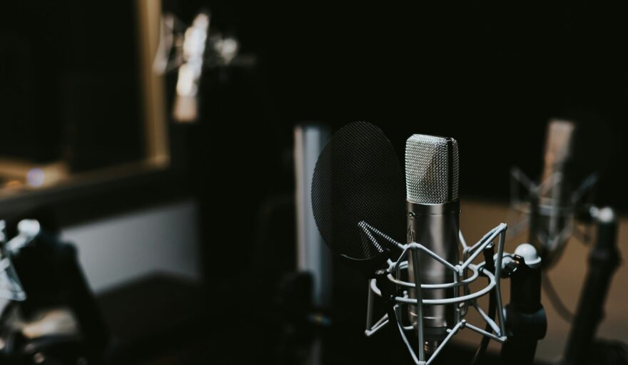 A microphone in a recording booth